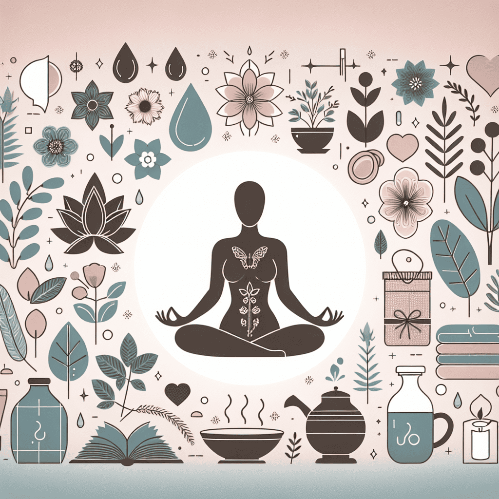 Meditative woman surrounded by herbal, floral, and wellness symbols for relaxation and health.